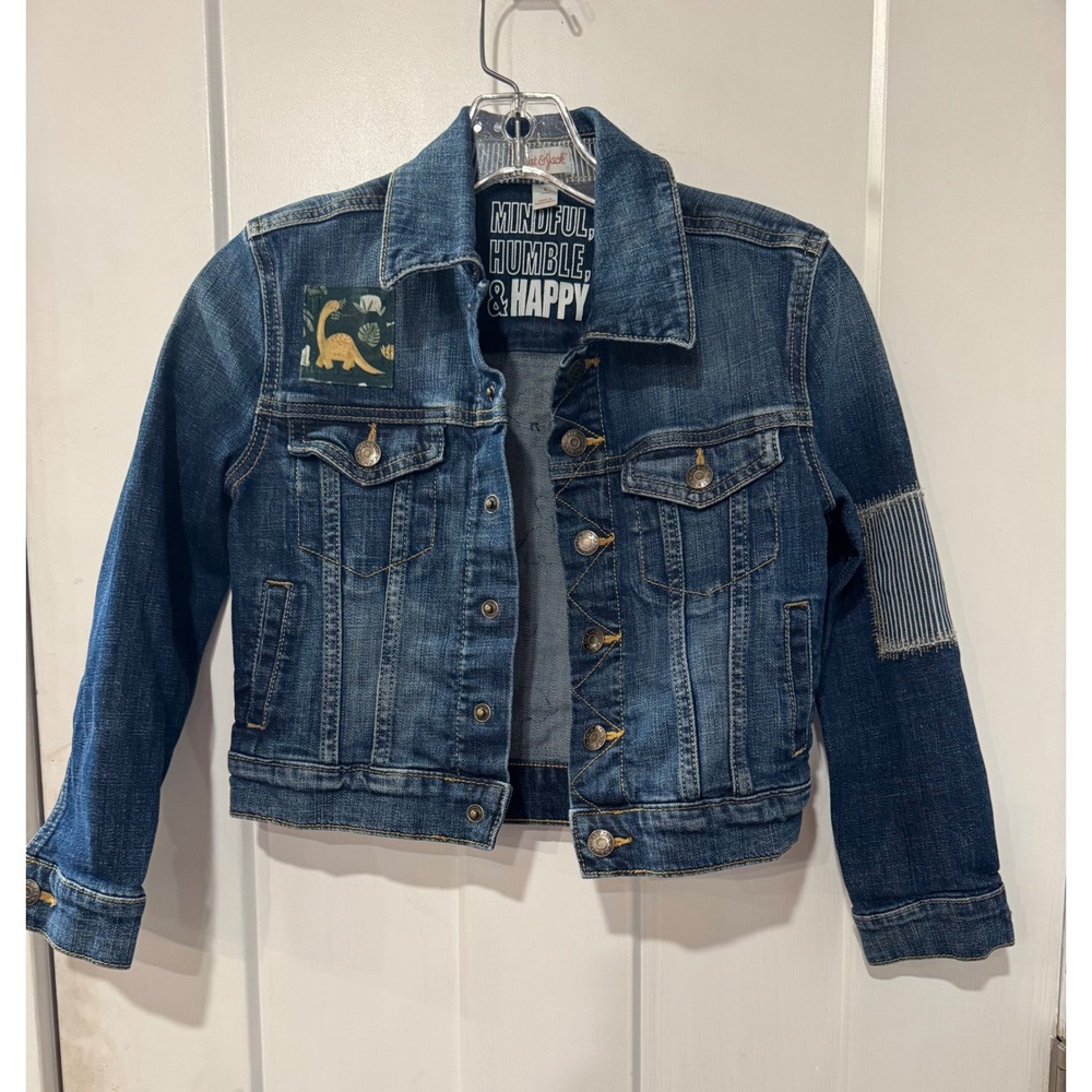 Cat & Jack Kids Blue Denim Jacket Dinosaur Print Back Patch Dark Wash Trucker